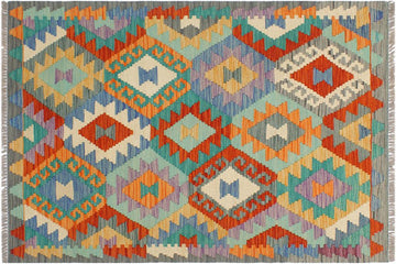 Flat Weave Kilim, Antique, Navaho, Vintage, Handmade, Geometric Kilim Blue Gray Hand-Woven Rectangle 100% Wool Area Rug 3 x 4
